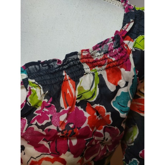 Ann Taylor Womens Blouse Floral Print Ruffle Collar Tie Neck Black Red Medium - Picture 3 of 8